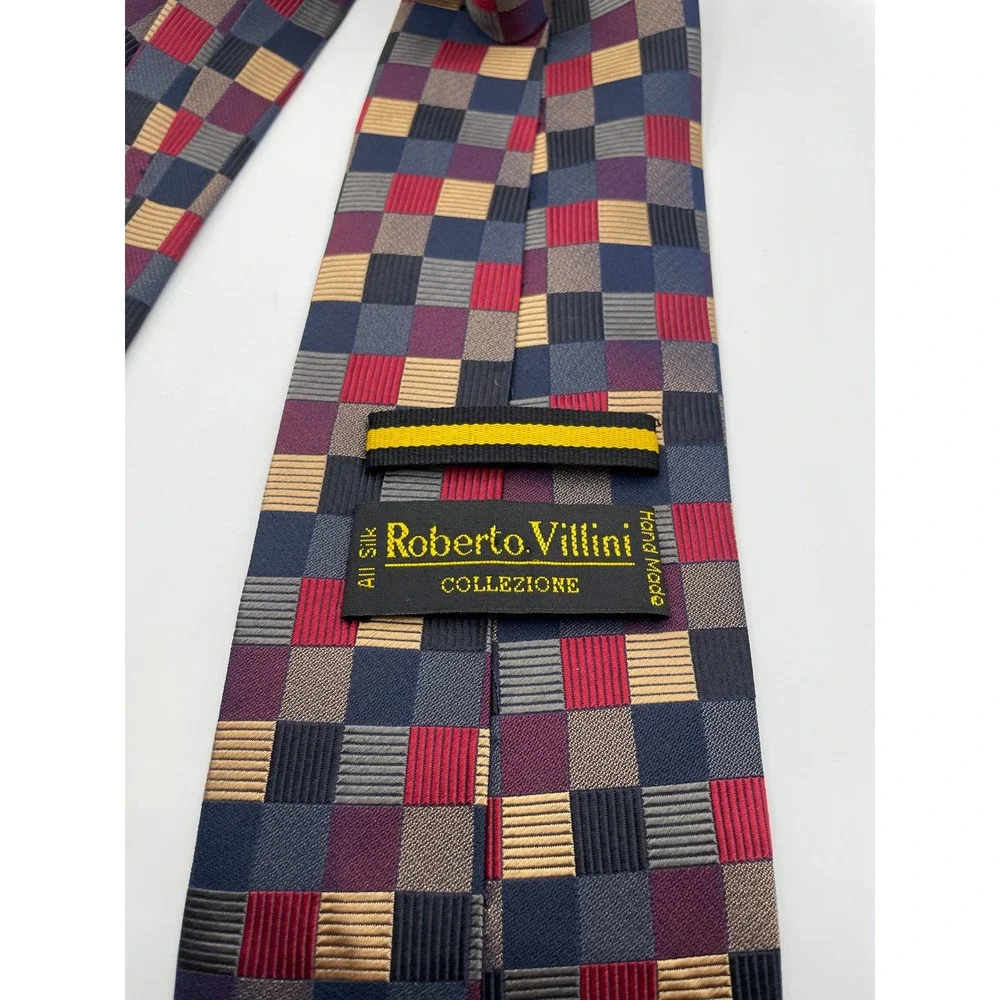 Roberto Villini Collezione Silk Tie Mens Navy Red Gold Checkered Geometric Woven